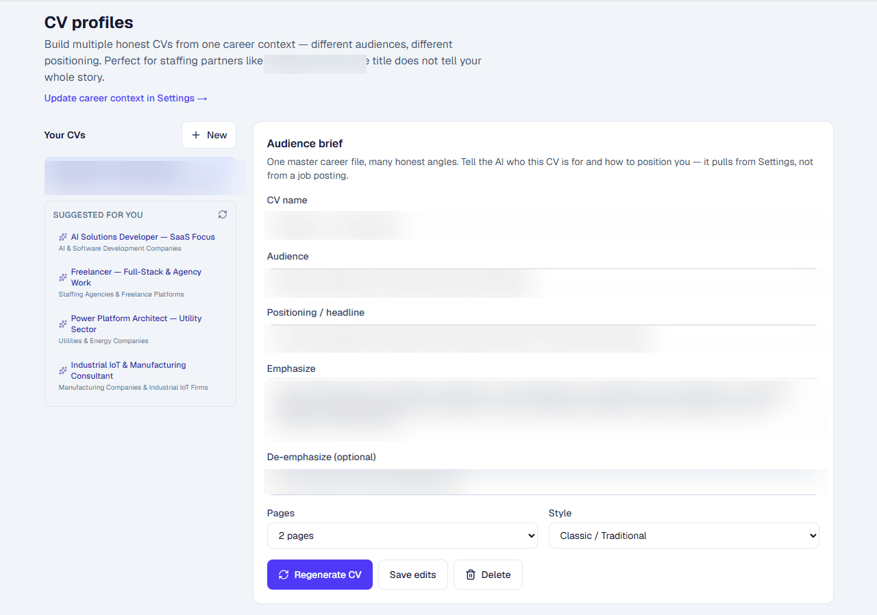 WorkAide Jobs CV profiles workspace with AI-suggested audience angles and audience brief for honest multi-CV positioning